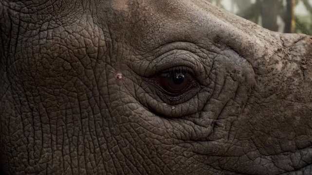 An extreme close up captures the gentle eye of a rhinoceros Its leathery skin shows texture and wrinkles Wild nature photography focusing on animal details in its habitat