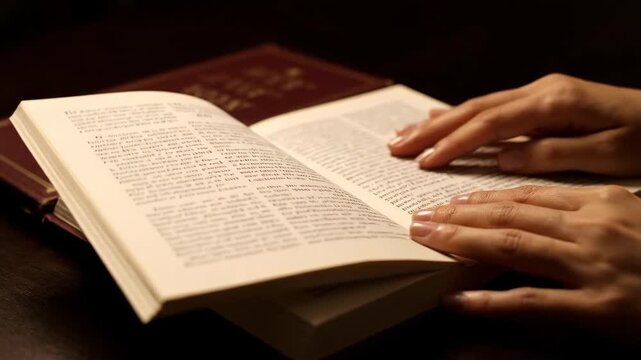 A detailed book with countless pages sits open a person s hands gently turn the delicate pages The dim light casts shadows on the textured paper