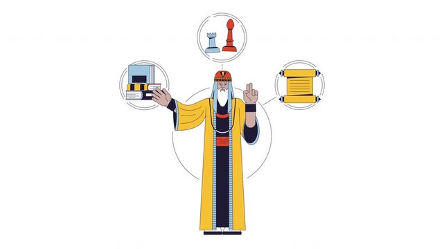 Sage brand archetype 2D animation. Wisdom learning. Knowledge seeker. Mentorship. Wise elder with ancient scrolls and chess animated character cartoon flat concept metaphor 4K video isolated on white