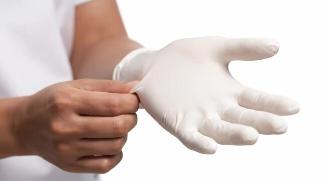 A person puts on a sterile white glove demonstrating caution and hygiene in a professional medical or laboratory setting for safety precautions