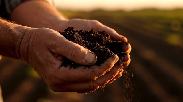 A farmer s hands carefully hold rich dark soil at sunset The warm golden light highlights the texture of the earth ready for planting A hopeful agricultural scene