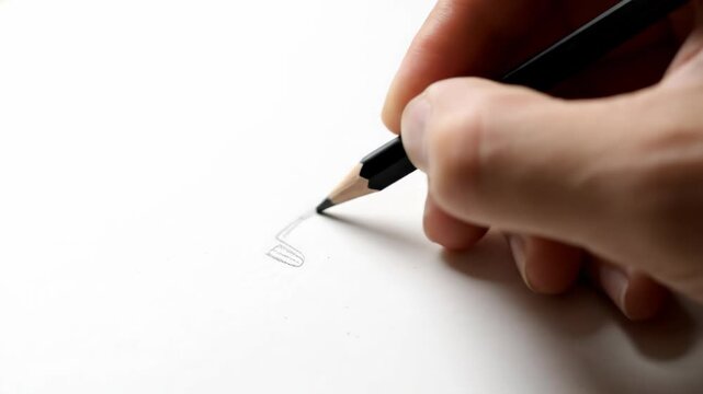 A close up shot shows a hand holding a pencil poised to write on a clean white surface The focus is sharp on the pencil tip and thumb