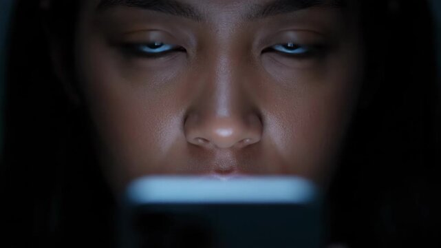 A person s eyes are illuminated by the phone screen in a dark room Intense focus is evident as they interact with their device
