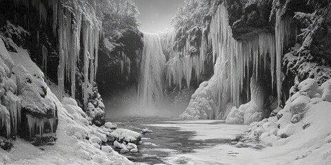 Large frozen waterfall with long icicles clings to rocky cliffside, surrounded by snow-covered walls and pine trees under pale winter sky. Generative by AI.