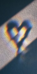Heart-shaped shadow formed by geometric glass cylinders on textured plaster wall, minimalist golden hour photography with bokeh effect