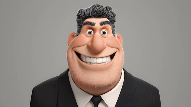 A cheerful cartoon man in a suit and tie with a wide smile