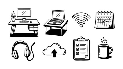 Hand drawn vector doodle set of work from home icons. Illustrations of computer desk, laptop, wifi, calendar, headphones, cloud, checklist, and coffee. Sketch line art for freelance and study.