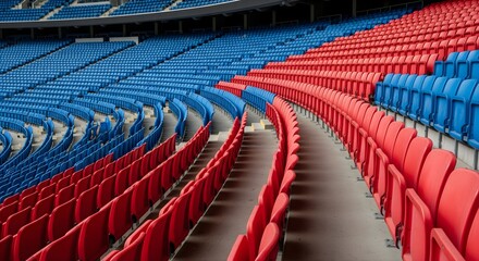 Naklejka premium Empty stadium seats in blue and red rows at large sports arena during daytime without people or crowds for professional match or tournament event showing curved architectural perspective of stands