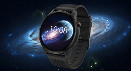 This modern smartwatch features a vibrant full-touch screen with customizable cosmic-themed watch faces, integrating health tracking and connectivity functions for everyday use.