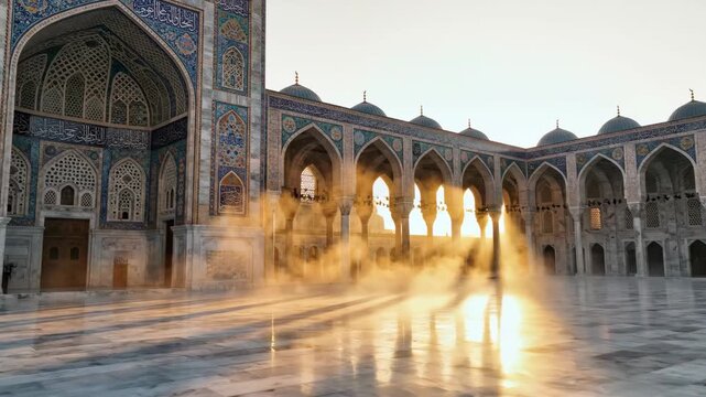 Intricate blue and white tilework adorns a grand historical courtyard bathed in the warm golden light of sunrise casting long shadows