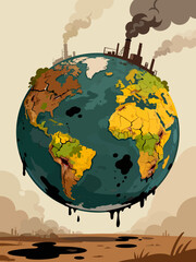 Climate Change Illustration of Polluted Earth with Industrial Smoke and Environmental Damage. Ideal for Earth Day campaigns, environmental awareness projects, sustainability education, climate crisis