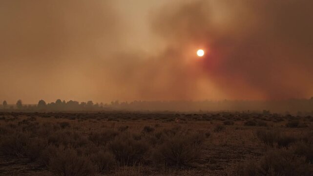 A landscape with a large fire burning in the background, depicting pre-disaster conditions with a smoky atmosphere and early warning signs of environmental risk. Perfect for public safety,