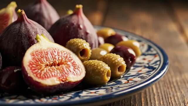 A close up of ripe purple figs and green olives on a decorative plate suggests a delicious appetizer or a healthy snack with rich colors