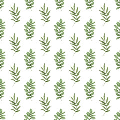 Fototapeta premium Seamless background, floral minimalistic pattern with watercolor green leaves. Repeat fabric wallpaper print texture. Perfectly for wrapped paper, backdrop, frame or border.