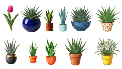 Collection of various potted succulents and aloe vera plants in colorful ceramic pots