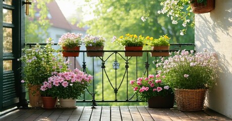 Naklejka premium Sunny balcony filled with colorful flowers. Plants bloom beautifully, creating peaceful outdoor space. View shows greenery, homes.