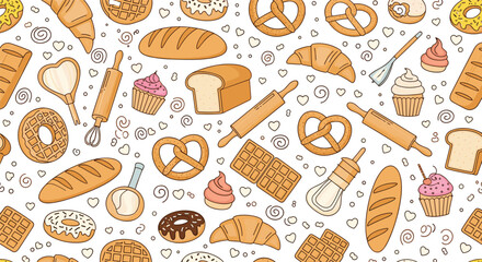 Detailed seamless pattern of various bakery items like bread croissants cupcakes donuts and baking tools for food backgrounds.