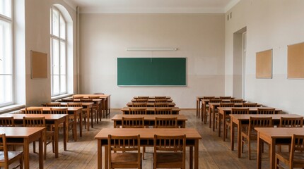 An empty classroom with wooden desks and chairs arranged in rows, a green chalkboard on the wall, and large windows letting in natural light.
