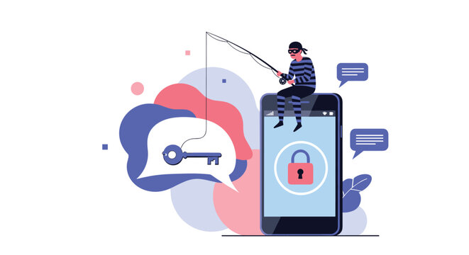 Cyber security concept featuring a digital thief sitting on top of a mobile phone while using a fishing rod to steal a key from a chat bubble.