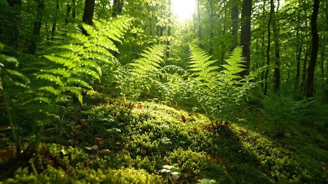 A serene forest scene with sunlight filtering through dense green ferns and trees, casting dappled shadows on a mossy forest floor with a shallow depth of field.