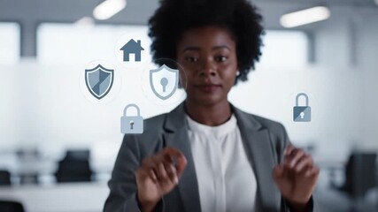 Professional African American Woman Interacting with Virtual Security and Insurance Holographic Icons for Home and Digital Privacy Protection - Powered by Adobe
