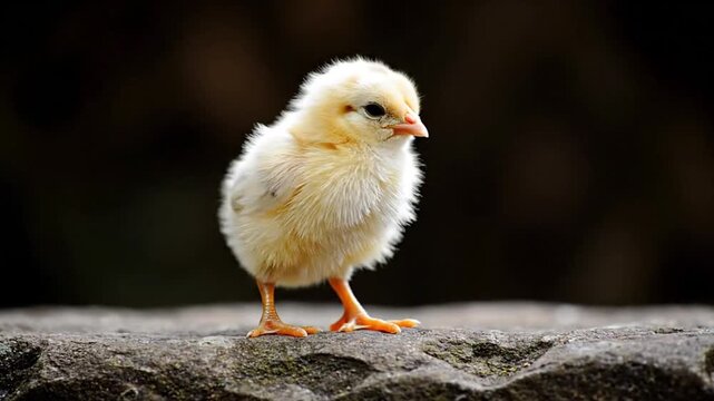 A charming close-up captures a fluffy, light yellow baby chick standing upright on a textured, earthy surface. Its tiny orange beak and legs stand out against its soft, delicate feathers, while its da