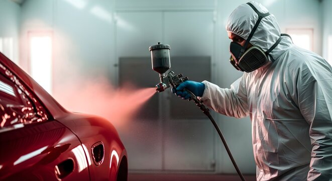 Auto body technician wearing a protective suit and respirator mask spray painting a red car in a professional paint booth, highlighting precision work and safety measures in automotive refinishing