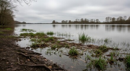 A flooded shoreline with sparse vegetation and muddy terrain under a cloudy sky, indicating pre-disaster conditions and environmental risk. Perfect for public safety, community impact, and