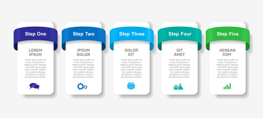 Modern 5-step infographic with gradient ribbons, icons, and text blocks perfect for business processes, presentations, or educational content. Vector illustration.