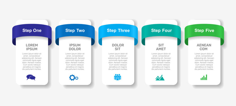Modern 5-step infographic with gradient ribbons, icons, and text blocks perfect for business processes, presentations, or educational content. Vector illustration.