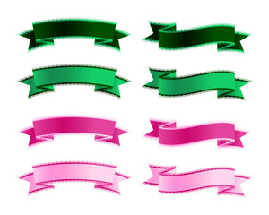 Obraz premium レースの縁飾りが付いたピンクとグリーンのリボンバナーセット。ギフトラッピング、メッセージカード、販促用ラベルに最適なエレガントな素材。