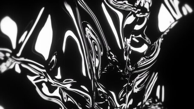 Seamless looping abstract black and white liquid chrome background with high contrast reflections and fluid metallic texture