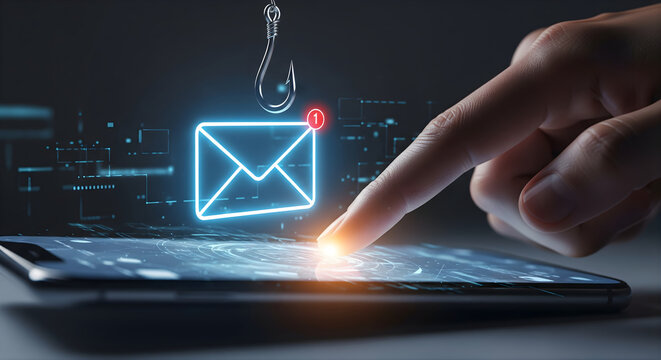 Email phishing scam concept with fishing hook over digital envelope icon and person hand touching smartphone screen on dark background illustrating cyber security risk and internet fraud attempts