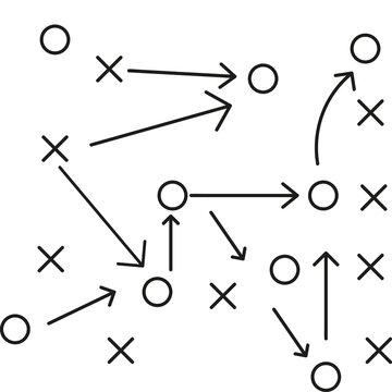 American football strategy diagram with arrows and symbols on white background for planning and teamwork