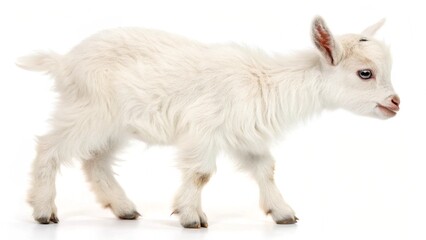 Naklejka premium Cute young baby goat and fluffy white kitten are adorable domestic farm animals and pets with soft fur isolated on a white background
