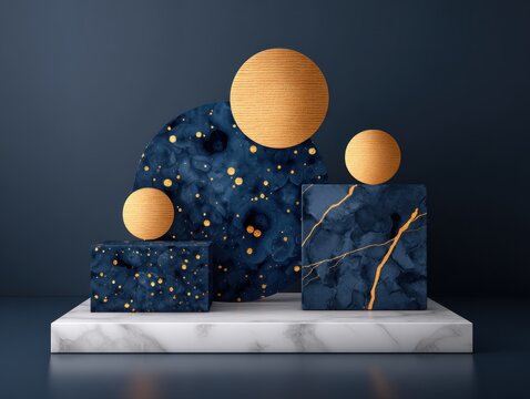 Abstract geometric composition featuring gold spheres and patterned blue forms on a pedestal