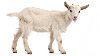 Obraz premium A young, horned baby goat kid stands isolated on a white background, representing domestic livestock and rural farm nature with its white fur and curious expression
