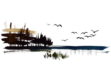 Fototapeta premium Vintage Steamboat Sailing on Calm Water with Flying Seagulls Isolated on Transparent Background