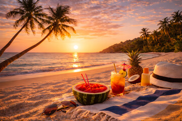 Tropical Sunset Beach Picnic with Fruits and Cocktail
