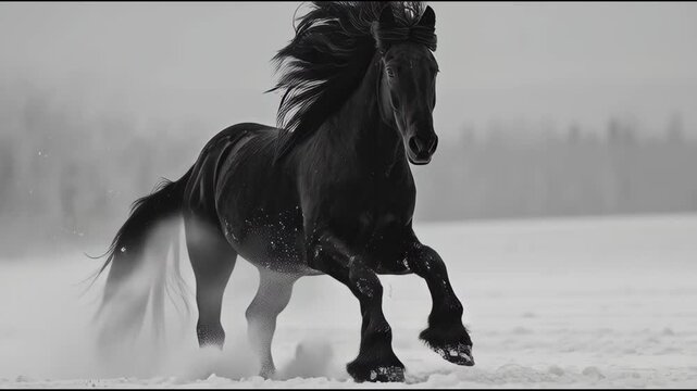 Majestic Black Friesian Horse Galloping Through Snowy Field, Cinematic Slow Motion, Dramatic Winter Landscape, Power and Freedom Concept