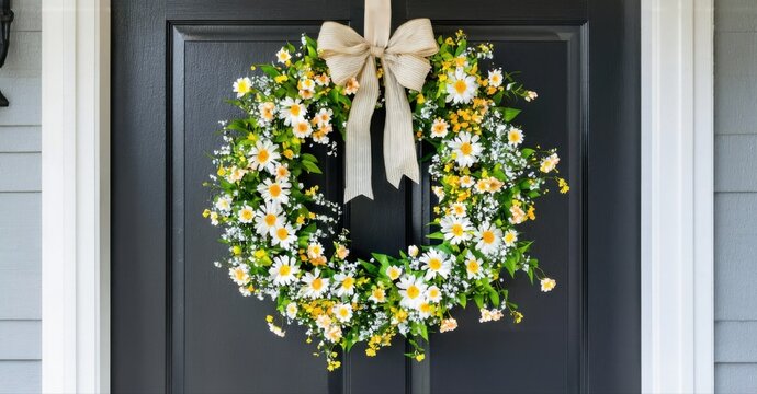 Floral wreath hangs upon dark door. White, yellow blossoms create welcoming home accent. Simple ribbon adds delicate touch.
