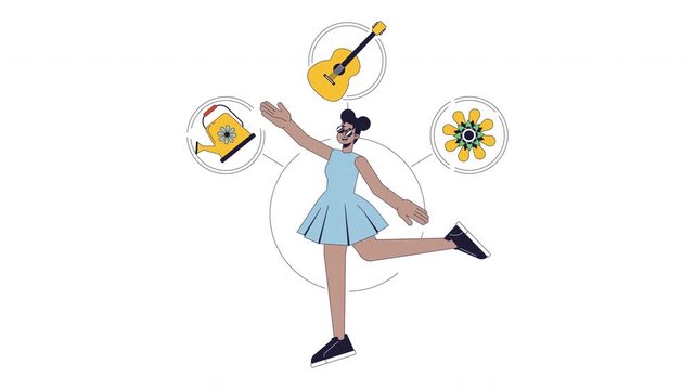 Innocent brand archetype 2D animation. Cheerful personality. Purity joy. Carefree soul. Inner peace. Black woman optimist animated character cartoon flat concept metaphor 4K video isolated on white