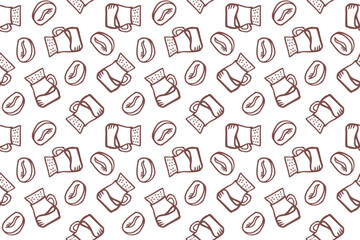 Seamless coffee pattern with brown outline icons of coffee beans and moka pot brewers. Linear cafe background for coffee shop branding, menu design, kitchen decor, and textile prints