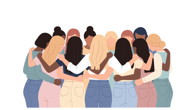 Pastel flat vector illustration of diverse women embracing in a supportive huddle, isolated on white for women's day.