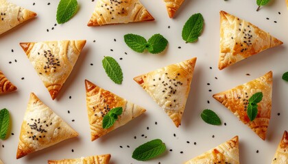 Top view of golden baked pastry cut into triangular pieces with sesame seeds. Crispy texture, geometric food pattern, minimal flat lay composition.