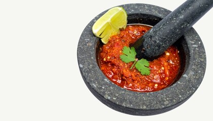 Traditional Indonesian Sambal Ulek in Stone Mortar and Pestle Isolated on White Background, Spicy Chili Sauce for Authentic Asian Cuisine