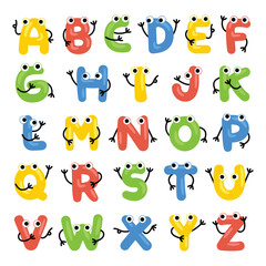 Cute Cartoon Alphabet Letters with Funny Eyes and Hands for Kids Education Vector Illustration