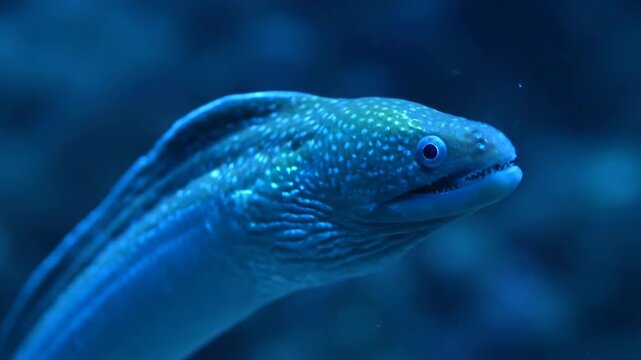 Underwater Moray Eel Swimming with Mouth Open in Ocean Water
