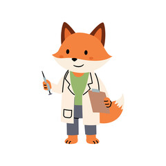 Smart Fox Doctor Holding Syringe and Clipboard Vector Illustration