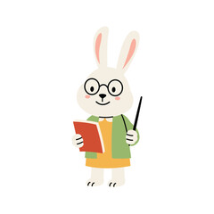 Smart Rabbit Teacher Holding Book and Pointer Vector Illustration